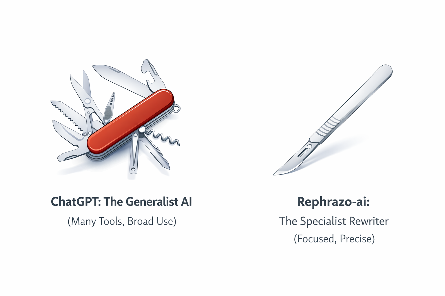 Generalist AI vs Specialist AI: Swiss Army knife representing ChatGPT vs surgical scalpel representing Rephrazo